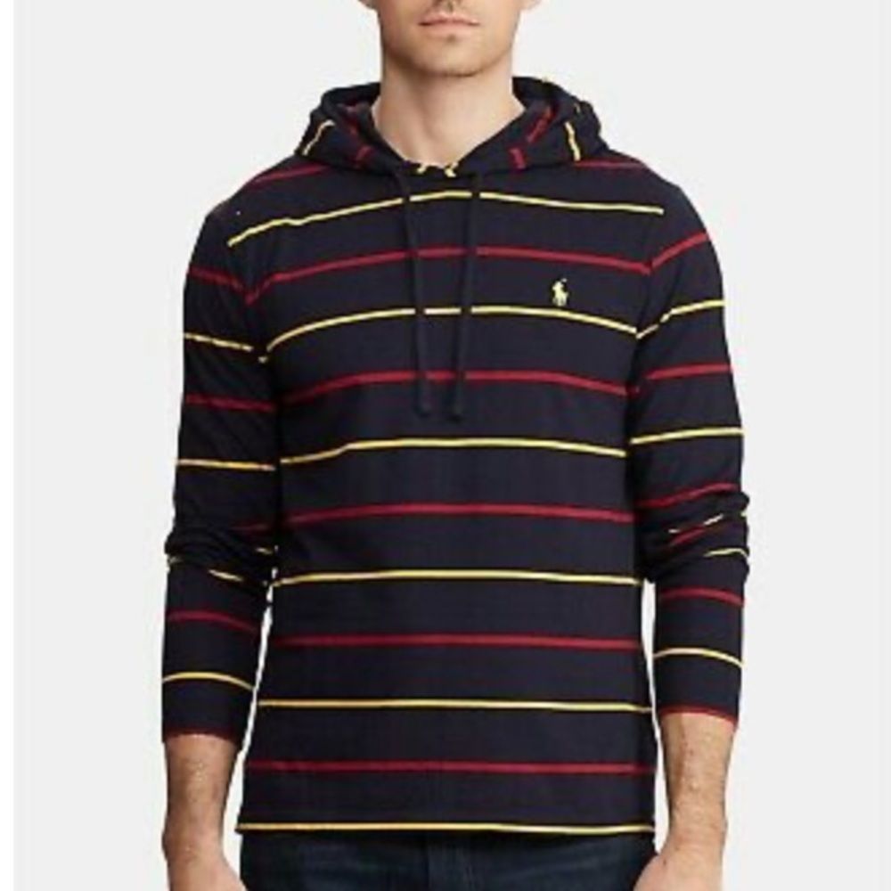 Polo by Ralph Lauren Navy Hooded Long Sleeve Shirt with Red and Yellow Stripes
